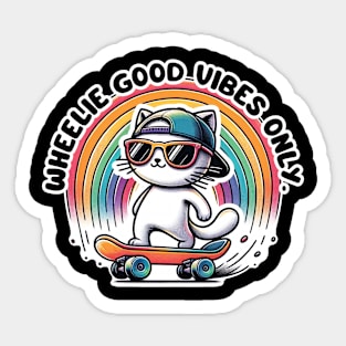 Wheelie Good Vibes Only - Cute Skateboarding Cat With A Rainbow Sticker